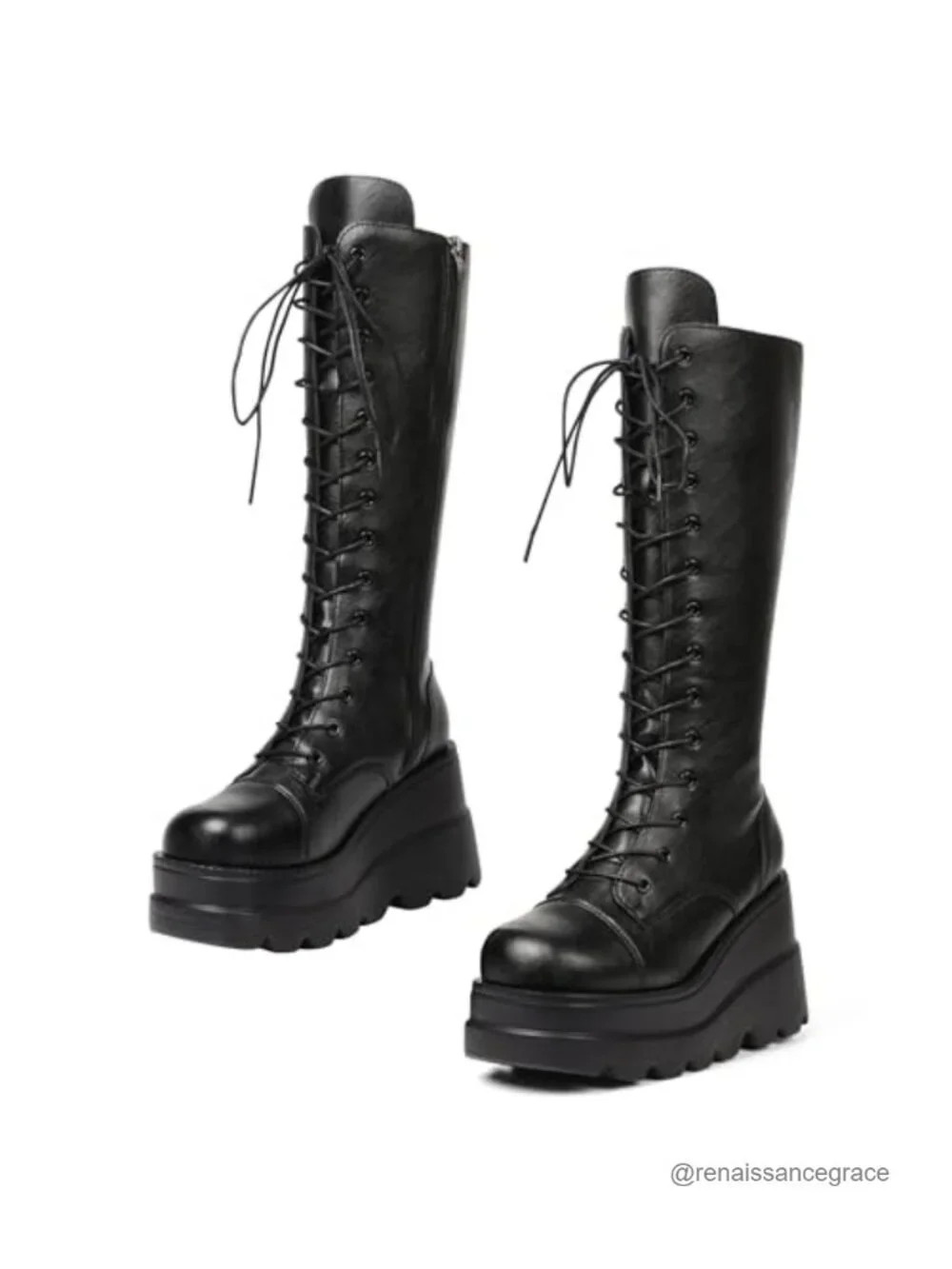 Women's Goth Combat Platform Wedge Boots Faux Leather Chunky Heel Lace Up